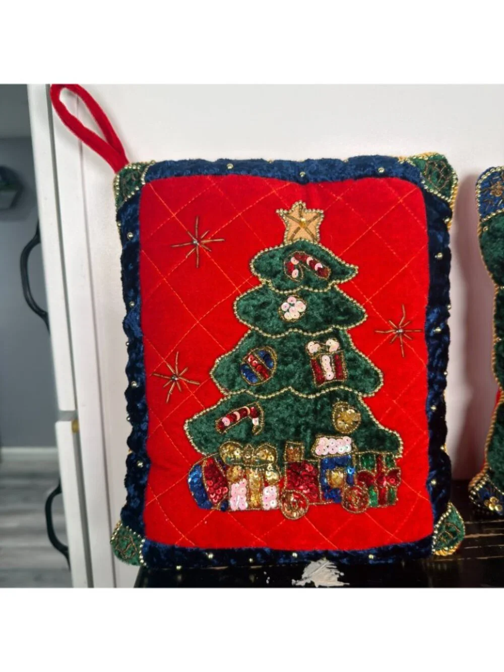 Vintage 3 crush Velvet Sequin Blue Red Green Christmas Tree Presents Pillows